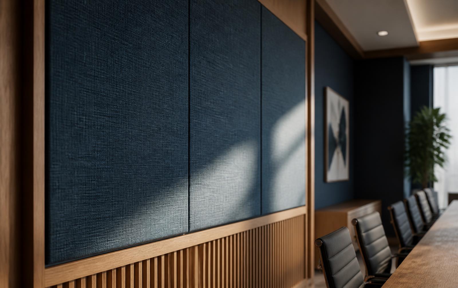 Stretched fabric acoustic wall panels installed in a commercial conference room